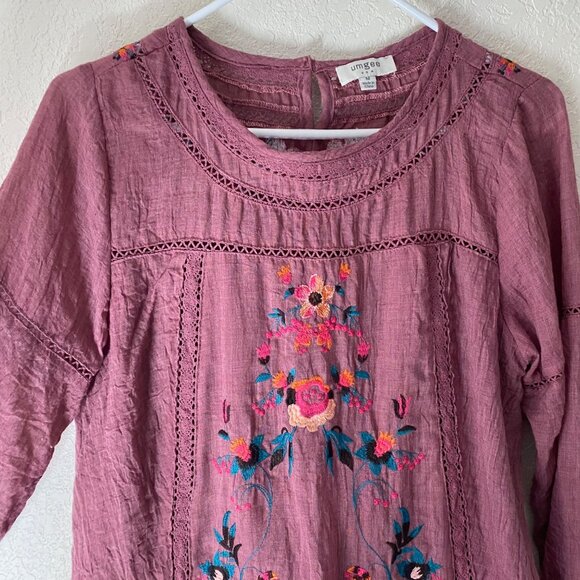 Umgee M Pink Long Sleeve Embroidered Boho Tunic Dress Boho Cottagecore - Picture 5 of 16